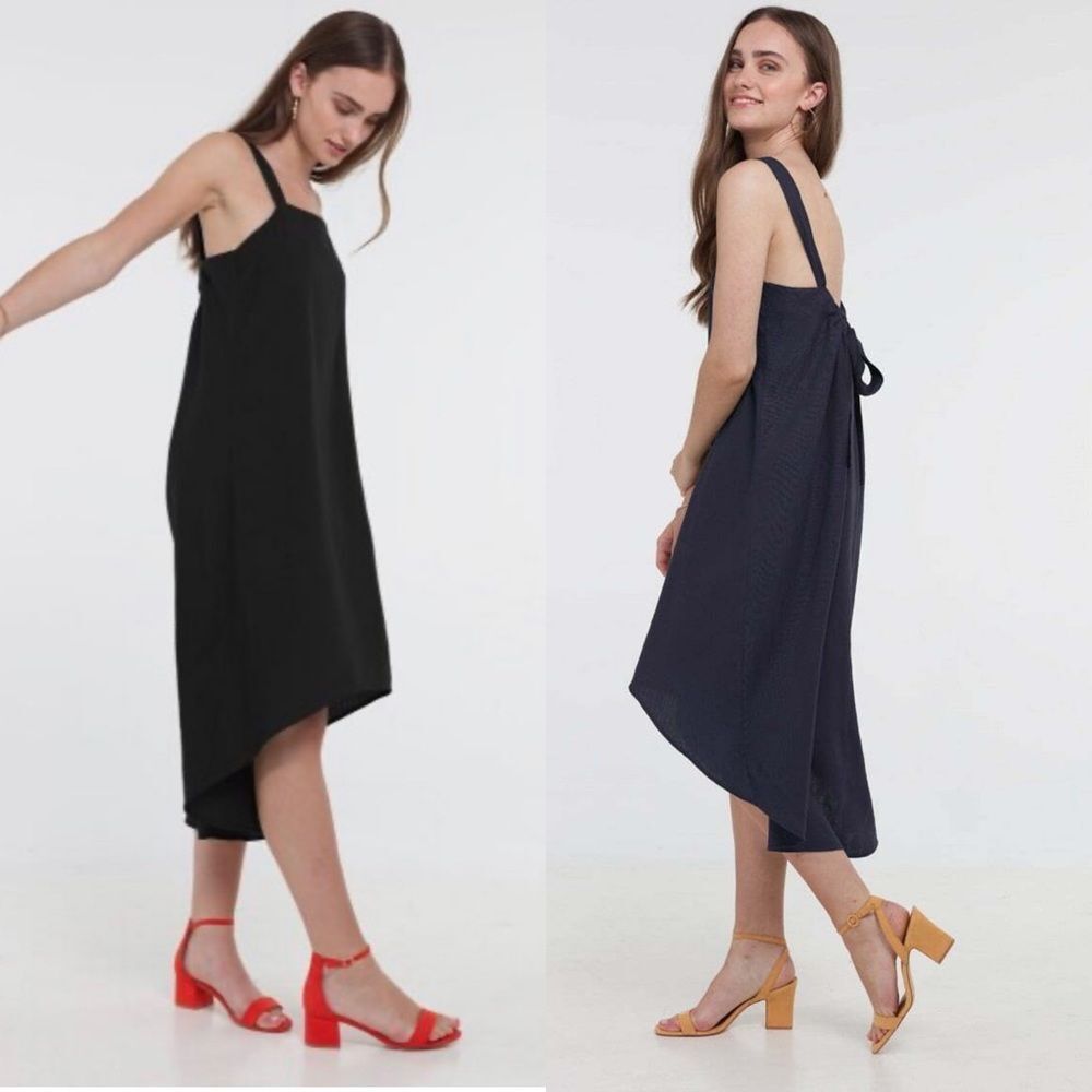 Hoodlamb Lagenlook High Low Minimalist Hemp Dress Adjustable Strap Tie Navy L